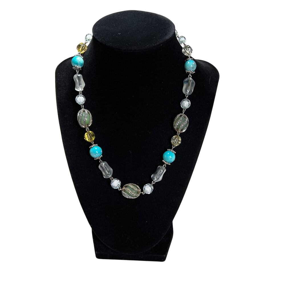 1928 JEWELRY Womens Beaded Necklace Turquoise Green Clear Beads Silver Tone